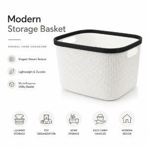 Woven Texture Plastic Organizer Basket – White &amp; Black (44 x 30 x 30 cm)