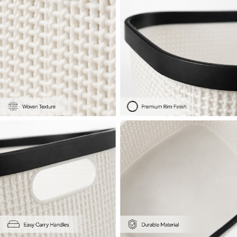 Woven Texture Plastic Organizer Basket – White &amp; Black (44 x 30 x 30 cm)