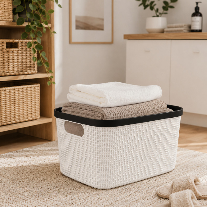 Woven Texture Plastic Organizer Basket – White &amp; Black (44 x 30 x 30 cm)