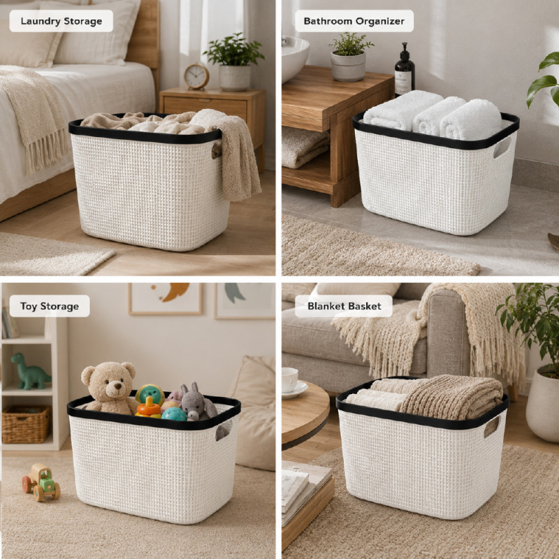 Woven Texture Plastic Organizer Basket – White &amp; Black (44 x 30 x 30 cm)