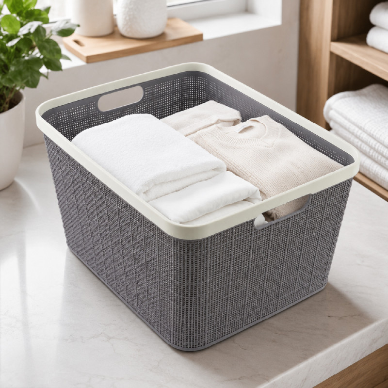 Modern Ventilated Plastic Laundry Basket with Lid – Dark Gray &amp; White (40 x 25 x 30 cm)