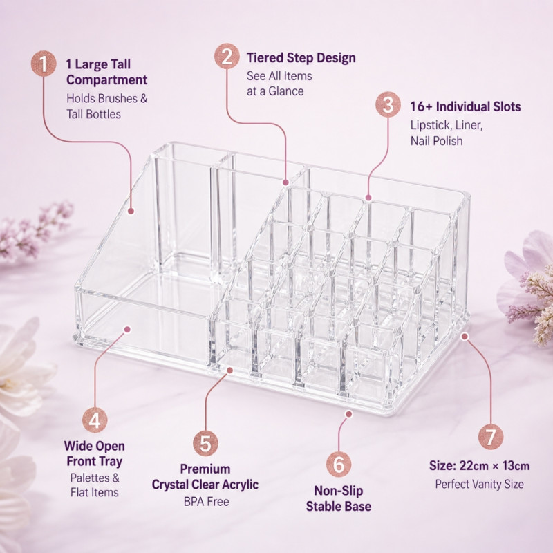 Professional Transparent Acrylic Makeup Organizer – 16-Slot Lipstick & Brush Station (22cm)