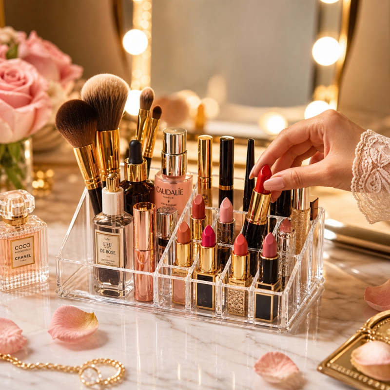 Professional Transparent Acrylic Makeup Organizer – 16-Slot Lipstick & Brush Station (22cm)