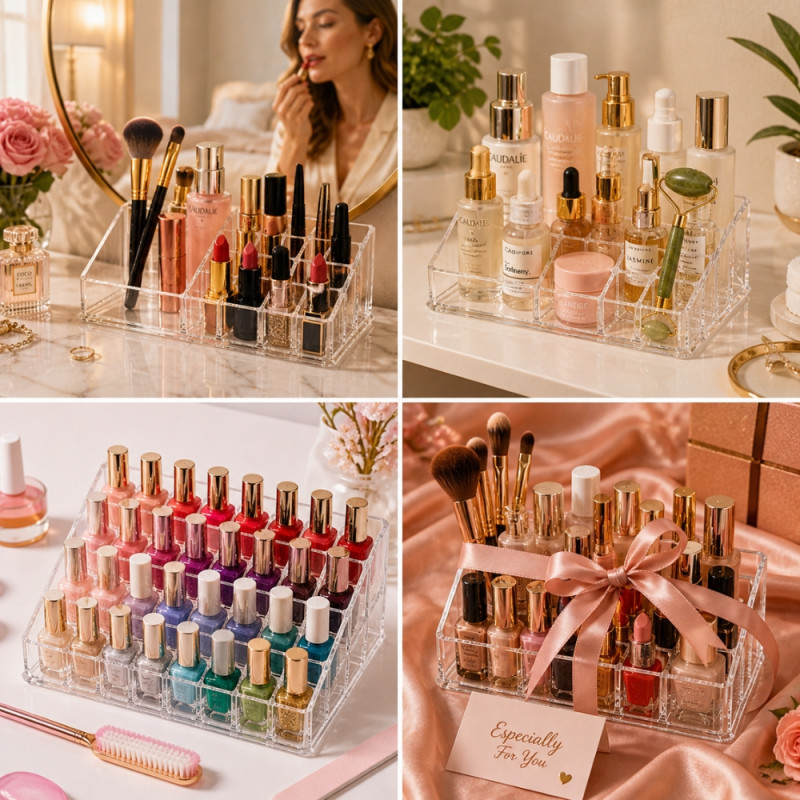 Professional Transparent Acrylic Makeup Organizer – 16-Slot Lipstick & Brush Station (22cm)