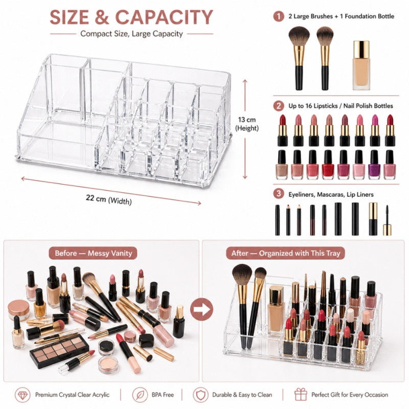 Professional Transparent Acrylic Makeup Organizer – 16-Slot Lipstick & Brush Station (22cm)