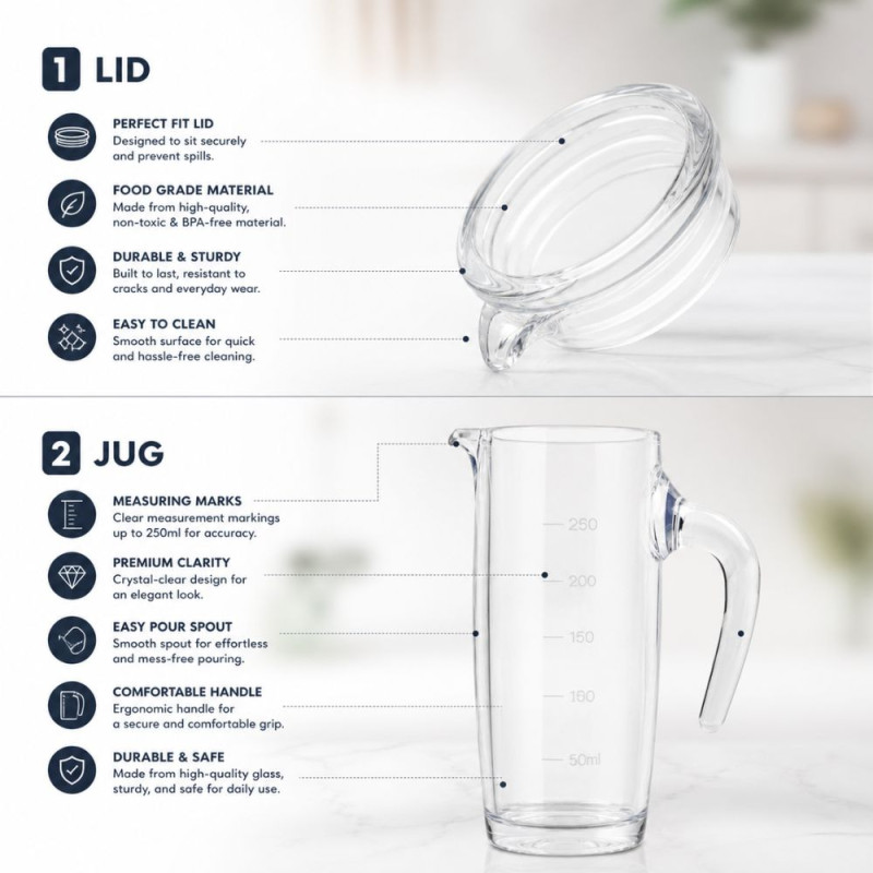 Professional Transparent Acrylic Shatterproof Jug – 250ml Measuring Pitcher