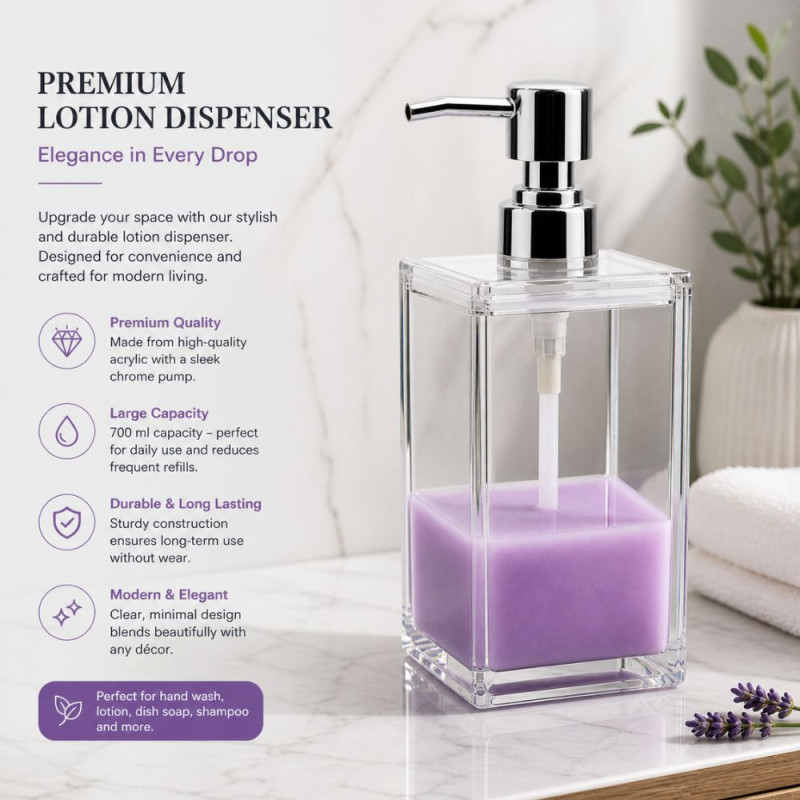 Professional Transparent Acrylic Liquid Soap Dispenser – Chrome Pump (700ml/21cm)