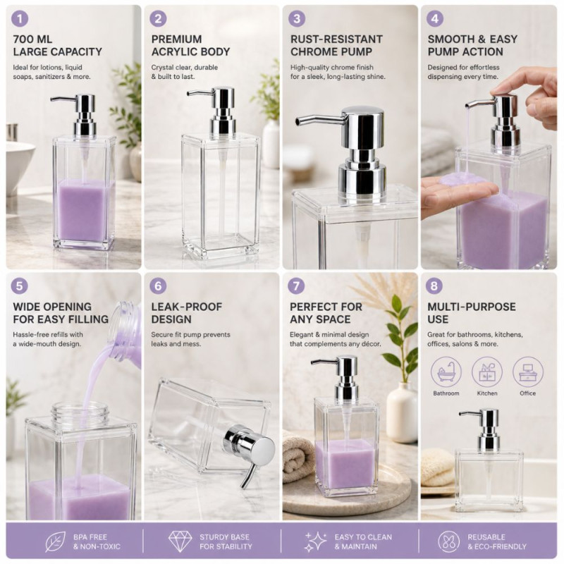 Professional Transparent Acrylic Liquid Soap Dispenser – Chrome Pump (700ml/21cm)