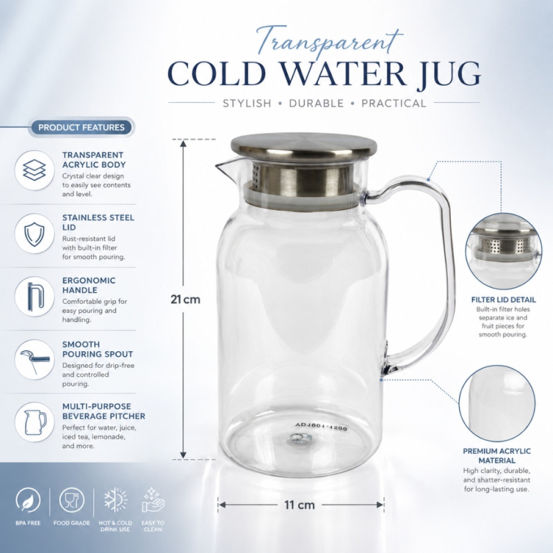 Artisanal clear acrylic beverage pitcher with a stainless steel filter lid – Transparent (21 x 11cm)