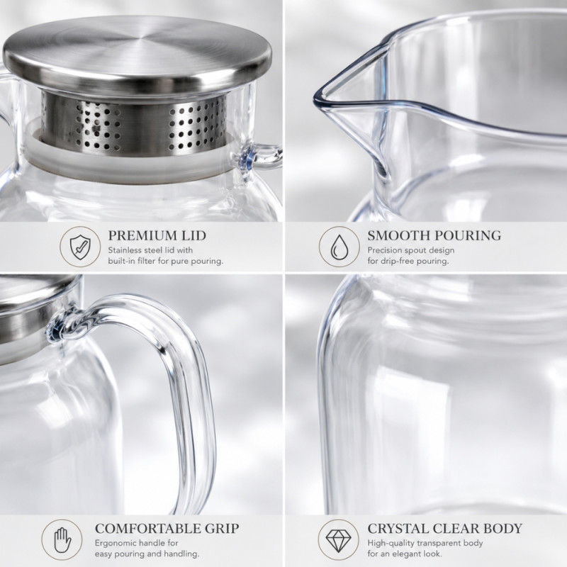Artisanal clear acrylic beverage pitcher with a stainless steel filter lid – Transparent (21 x 11cm)