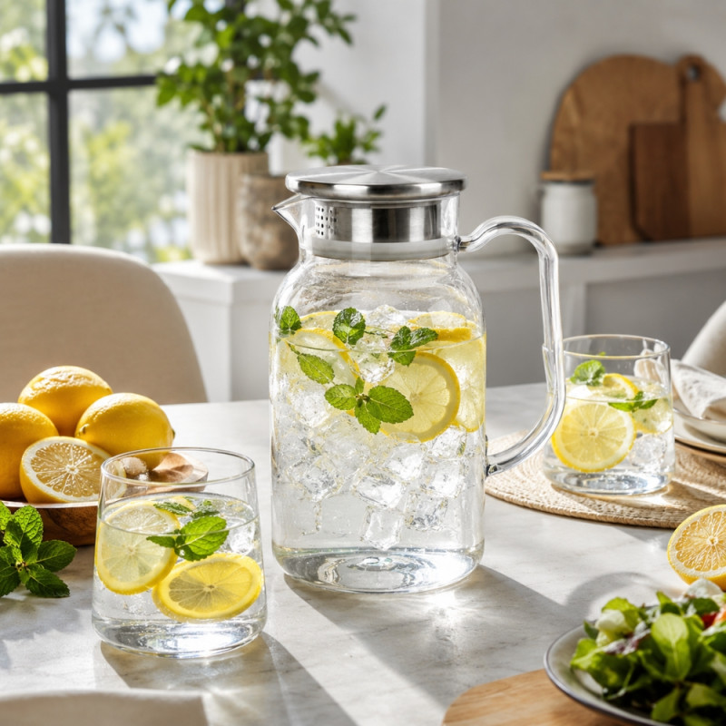Artisanal clear acrylic beverage pitcher with a stainless steel filter lid – Transparent (21 x 11cm)