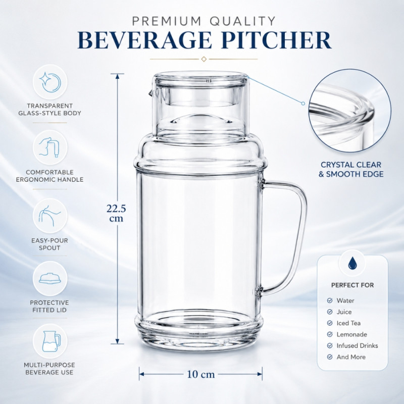 Charming heavy-duty borosilicate glass pitcher with a lid, designed for cold beverages like water, juice, or tea – Transparent (22.5 x 10cm)