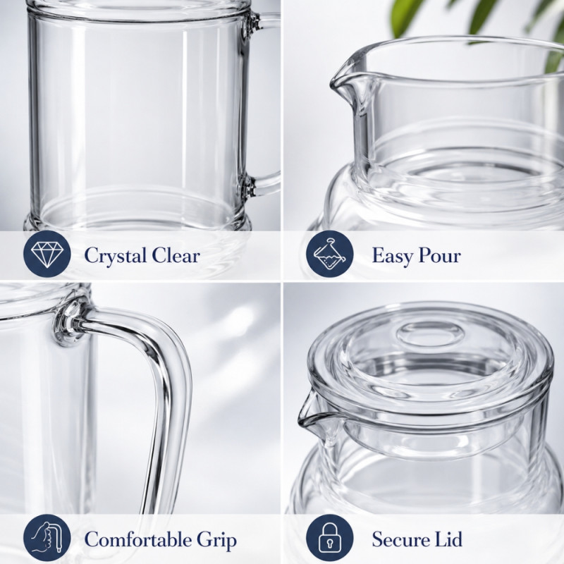 Charming heavy-duty borosilicate glass pitcher with a lid, designed for cold beverages like water, juice, or tea – Transparent (22.5 x 10cm)