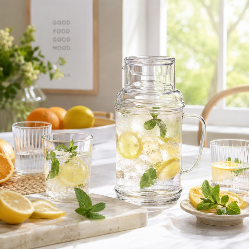 Charming heavy-duty borosilicate glass pitcher with a lid, designed for cold beverages like water, juice, or tea – Transparent (22.5 x 10cm)
