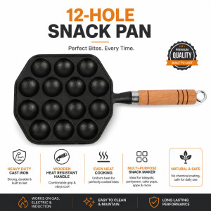 Cult-Classic black cast iron takoyaki pan with 12 molds and a wooden handle – Black (33.5 x 16cm)
