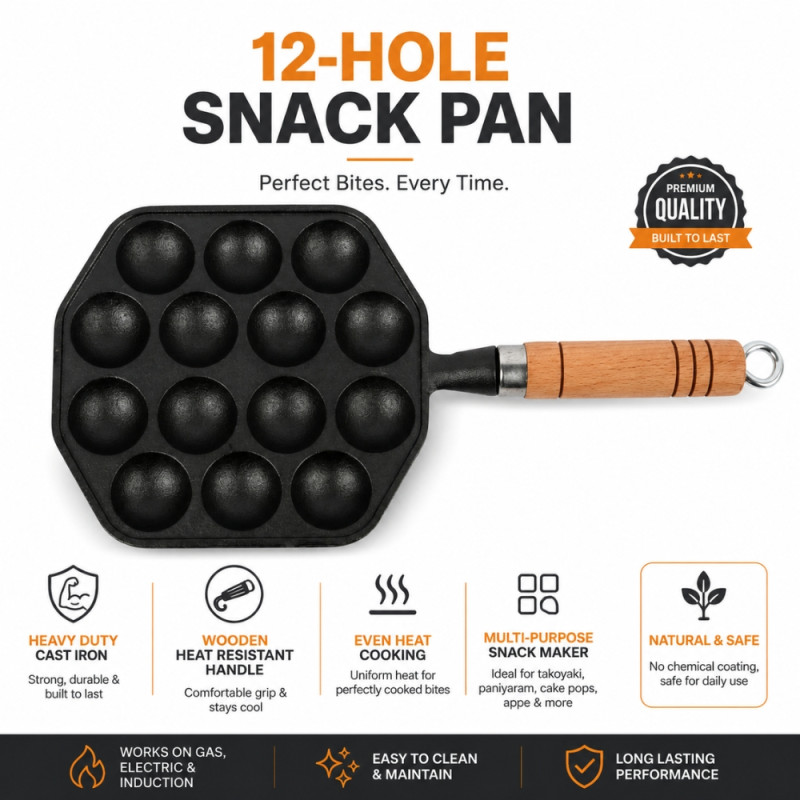 Cult-Classic black cast iron takoyaki pan with 12 molds and a wooden handle – Black (33.5 x 16cm)