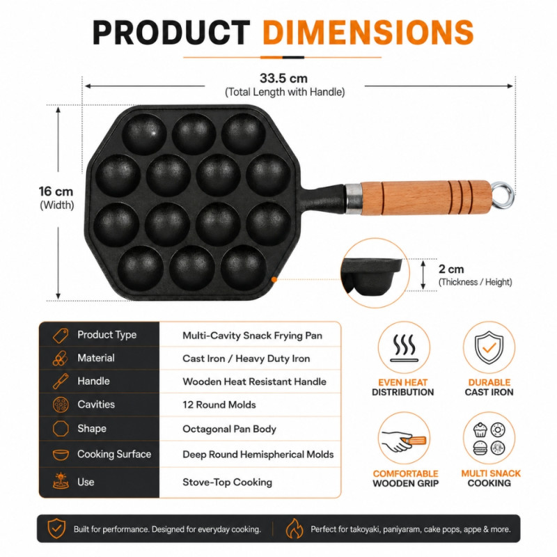 Cult-Classic black cast iron takoyaki pan with 12 molds and a wooden handle – Black (33.5 x 16cm)