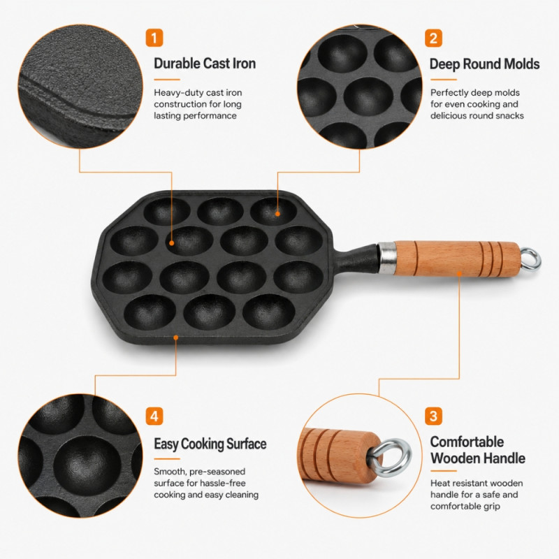 Cult-Classic black cast iron takoyaki pan with 12 molds and a wooden handle – Black (33.5 x 16cm)
