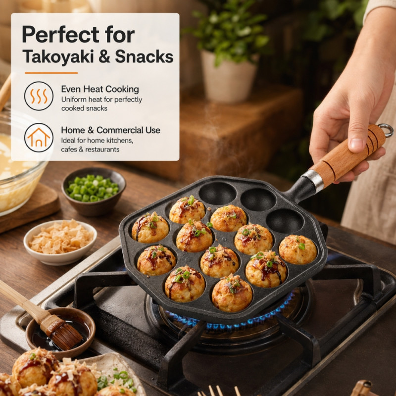 Cult-Classic black cast iron takoyaki pan with 12 molds and a wooden handle – Black (33.5 x 16cm)