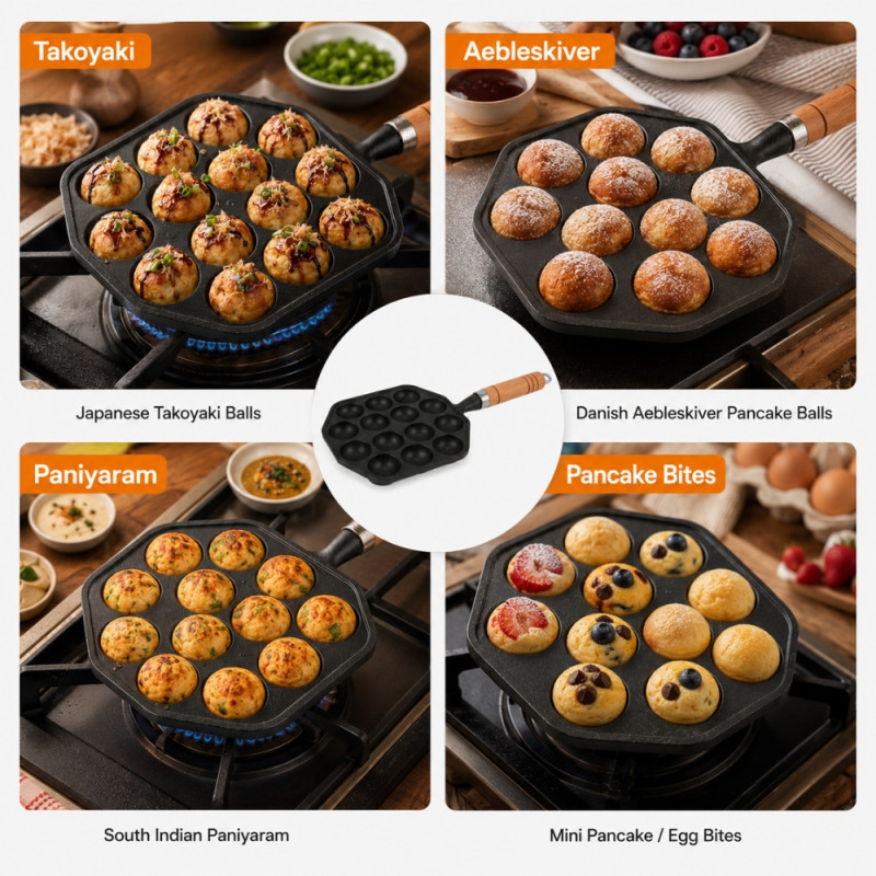 Cult-Classic black cast iron takoyaki pan with 12 molds and a wooden handle – Black (33.5 x 16cm)