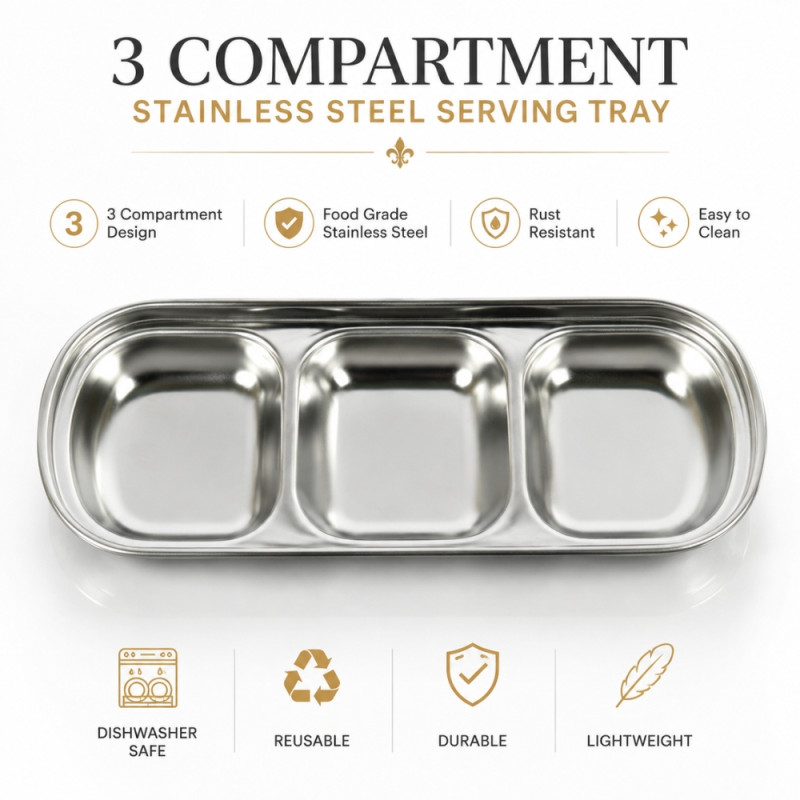 Radiant 3-compartment stainless steel dipping tray designed for holding sauces, snacks, or condiments – Silver (20.5 x 8 x 2.5cm)