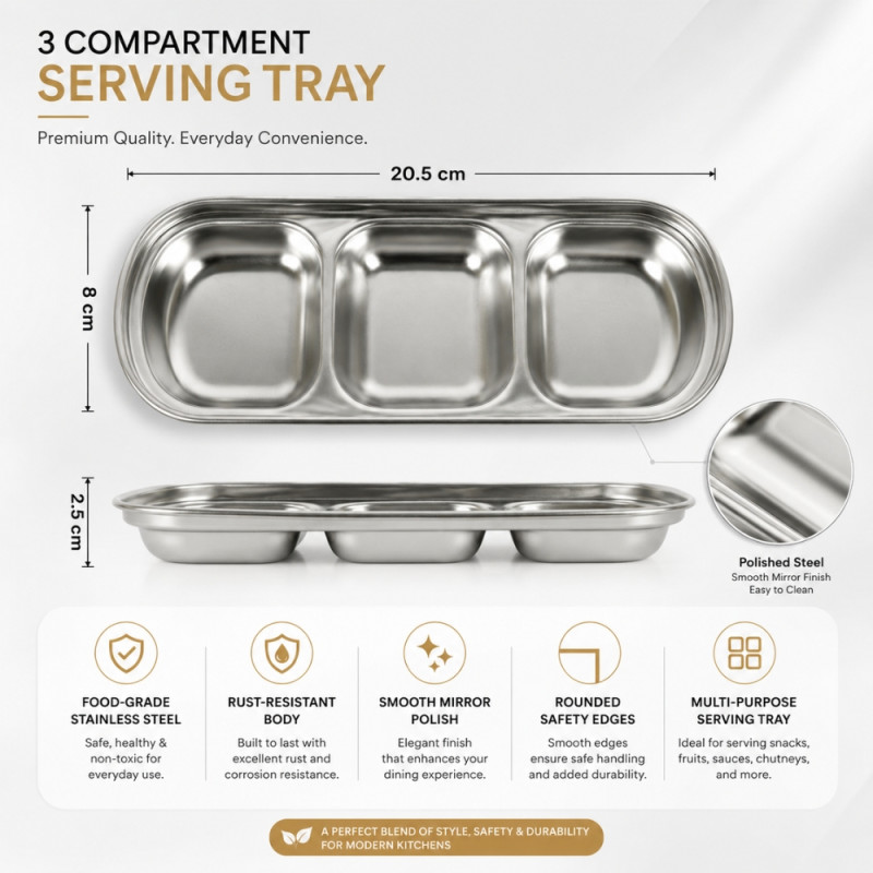 Radiant 3-compartment stainless steel dipping tray designed for holding sauces, snacks, or condiments – Silver (20.5 x 8 x 2.5cm)