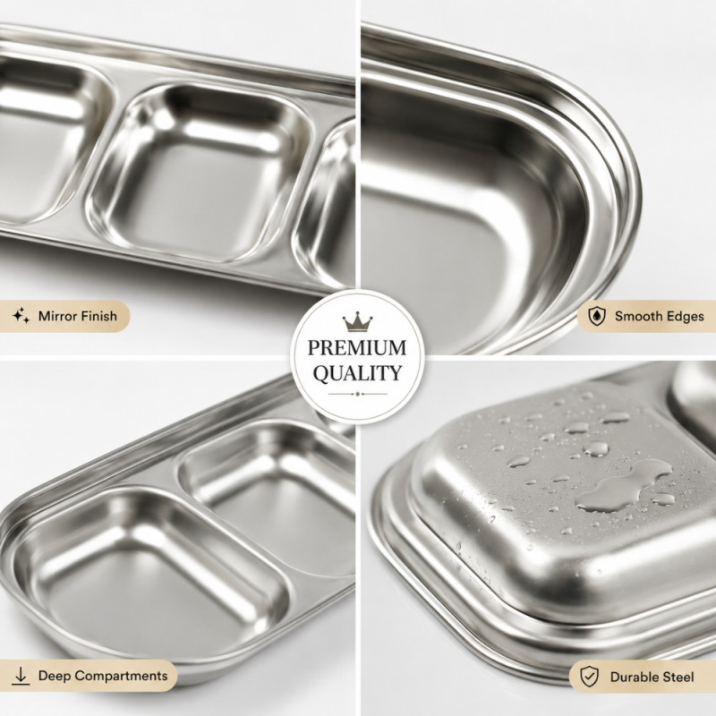 Radiant 3-compartment stainless steel dipping tray designed for holding sauces, snacks, or condiments – Silver (20.5 x 8 x 2.5cm)
