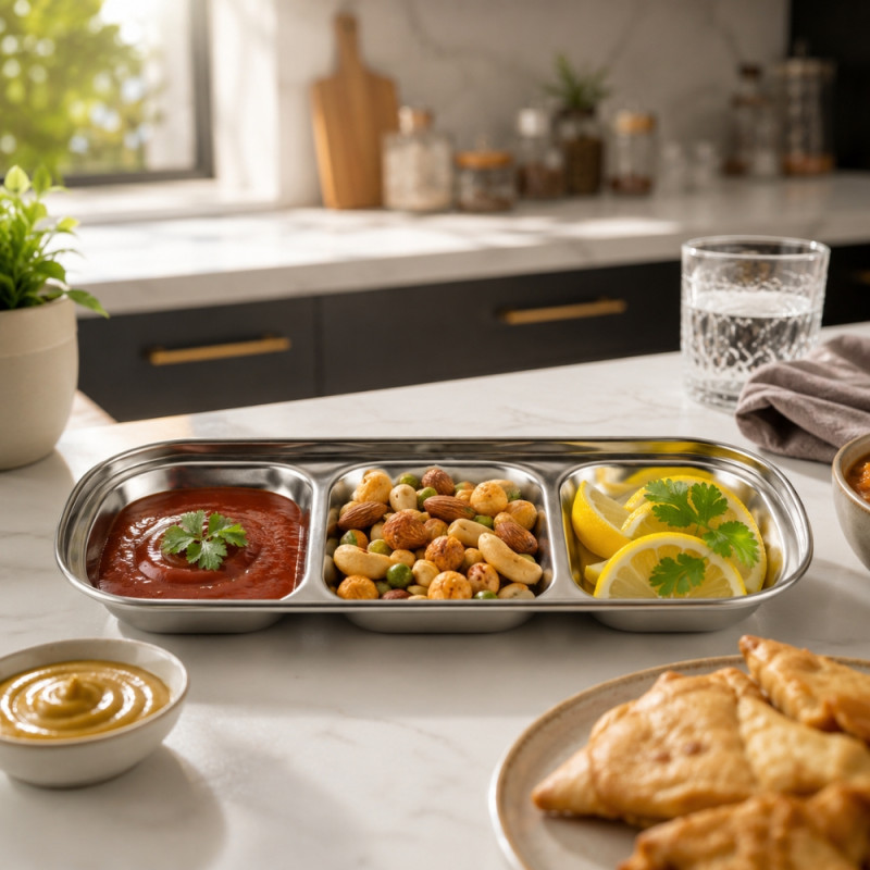 Radiant 3-compartment stainless steel dipping tray designed for holding sauces, snacks, or condiments – Silver (20.5 x 8 x 2.5cm)