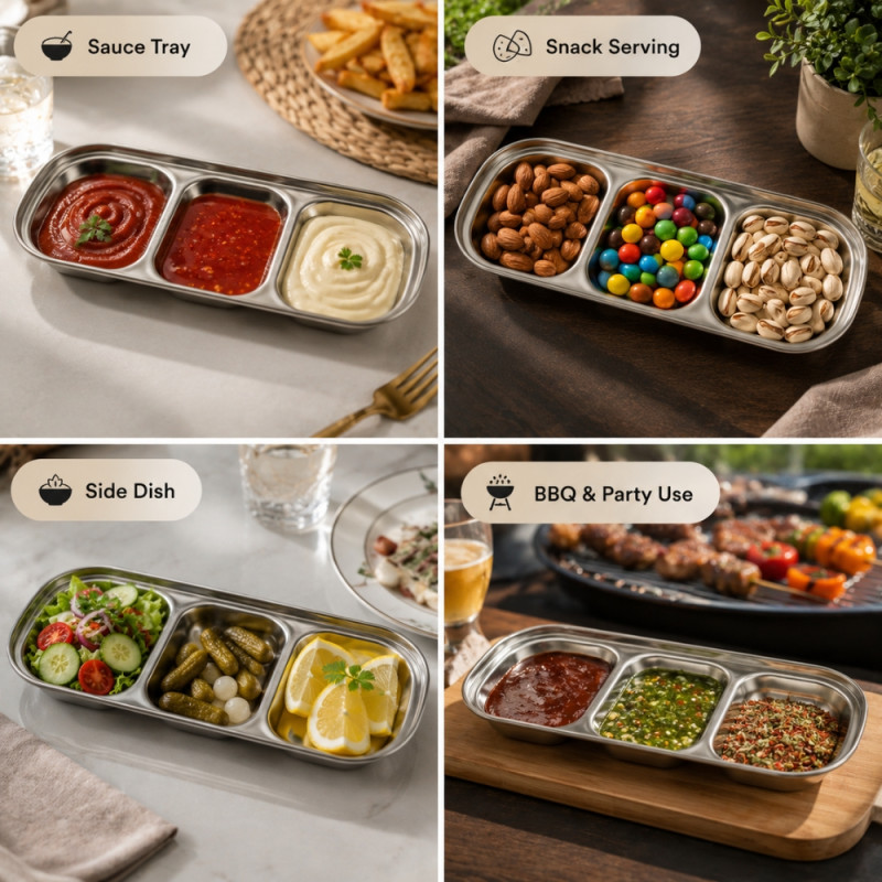 Radiant 3-compartment stainless steel dipping tray designed for holding sauces, snacks, or condiments – Silver (20.5 x 8 x 2.5cm)