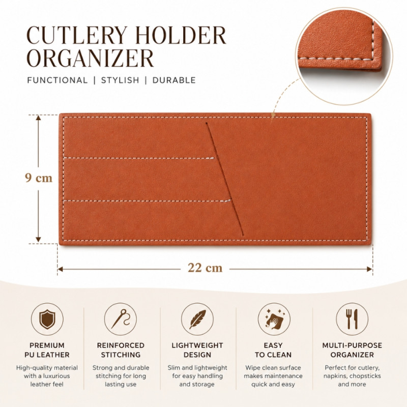 Essential premium PU leather cutlery holder organizer in brown – Light Brown (22 x 9cm)
