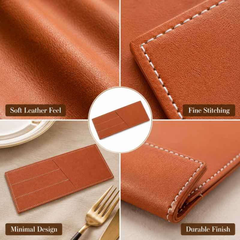 Essential premium PU leather cutlery holder organizer in brown – Light Brown (22 x 9cm)