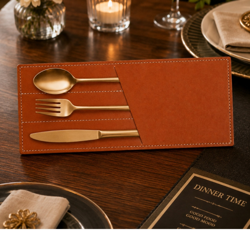 Essential premium PU leather cutlery holder organizer in brown – Light Brown (22 x 9cm)