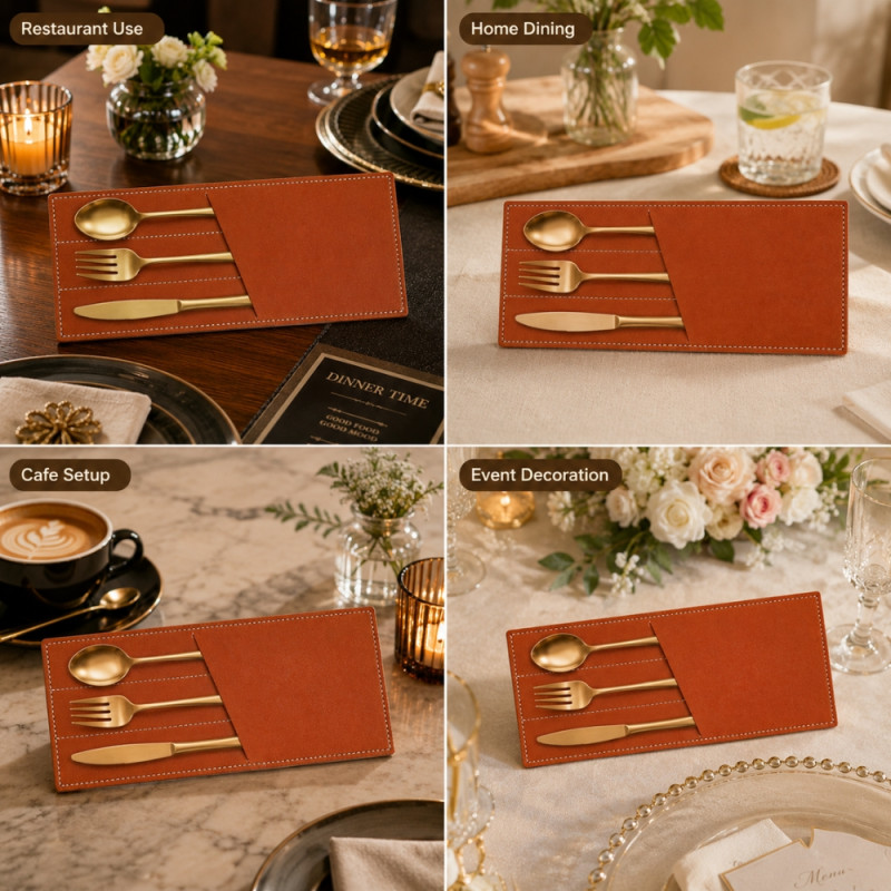 Essential premium PU leather cutlery holder organizer in brown – Light Brown (22 x 9cm)