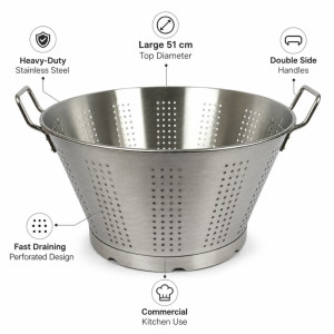 Reassuring stainless steel colander with sturdy handles and a raised base, designed for heavy-duty kitchen use – Silver (29.5 x 34 xm)