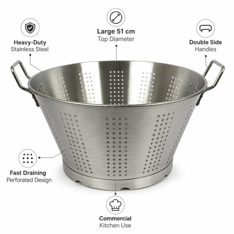 Reassuring stainless steel colander with sturdy handles and a raised base, designed for heavy-duty kitchen use – Silver (29.5 x 34 xm)