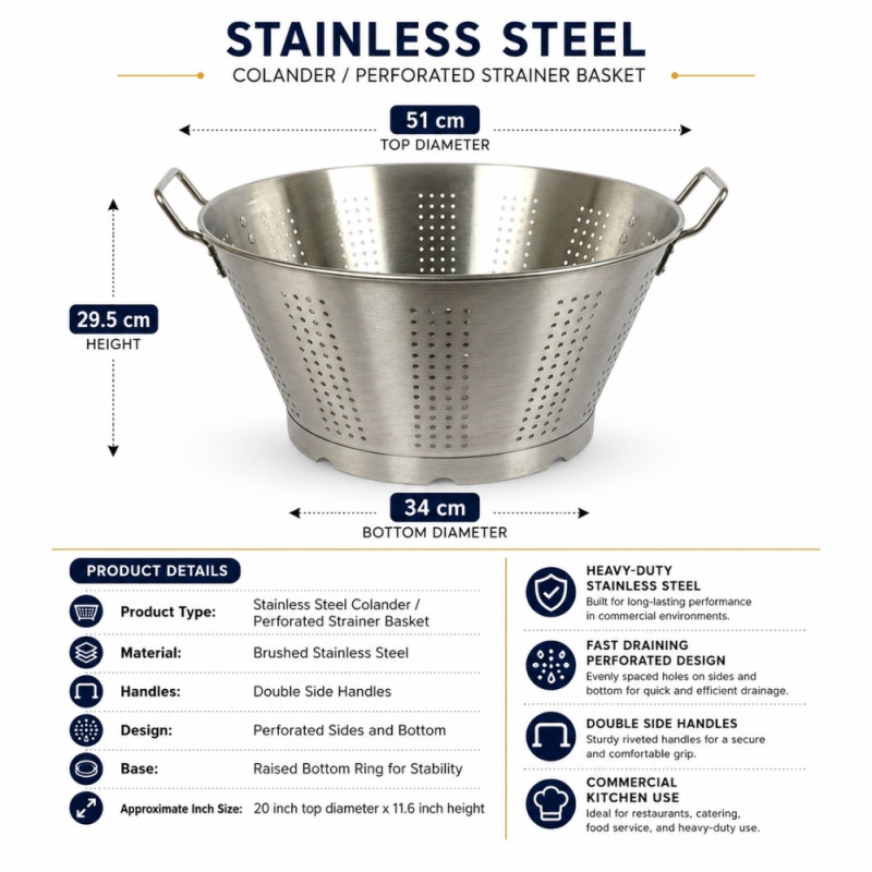 Reassuring stainless steel colander with sturdy handles and a raised base, designed for heavy-duty kitchen use – Silver (29.5 x 34 xm)