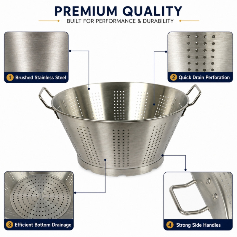Reassuring stainless steel colander with sturdy handles and a raised base, designed for heavy-duty kitchen use – Silver (29.5 x 34 xm)