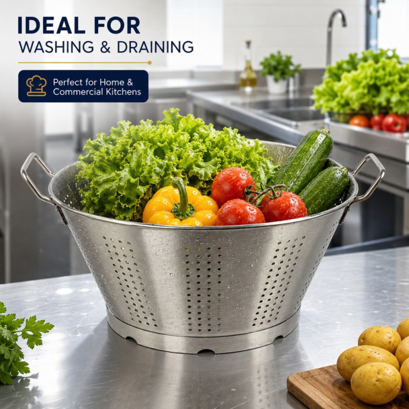 Reassuring stainless steel colander with sturdy handles and a raised base, designed for heavy-duty kitchen use – Silver (29.5 x 34 xm)