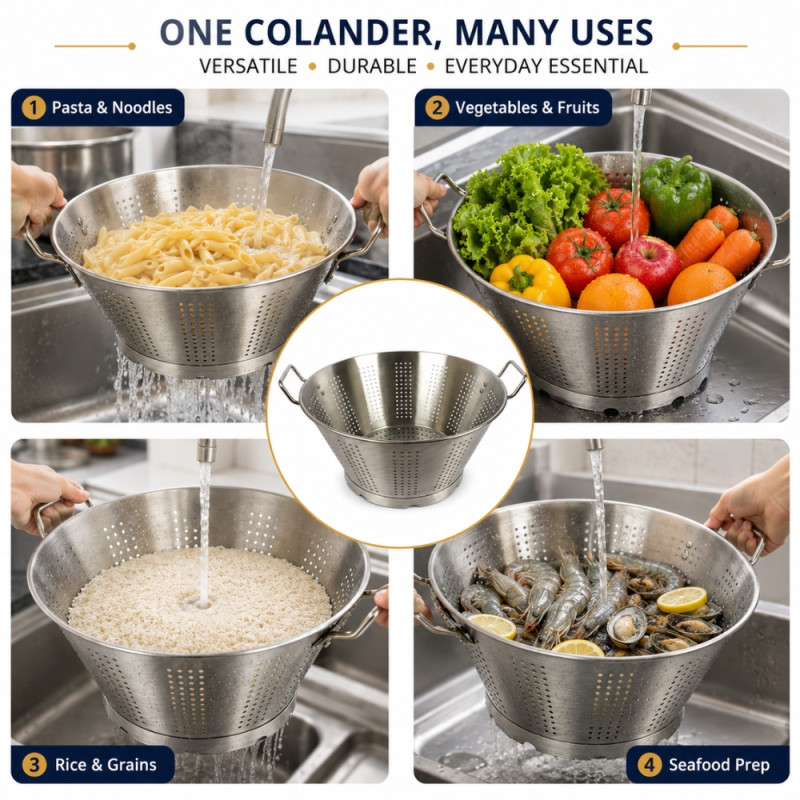 Reassuring stainless steel colander with sturdy handles and a raised base, designed for heavy-duty kitchen use – Silver (29.5 x 34 xm)