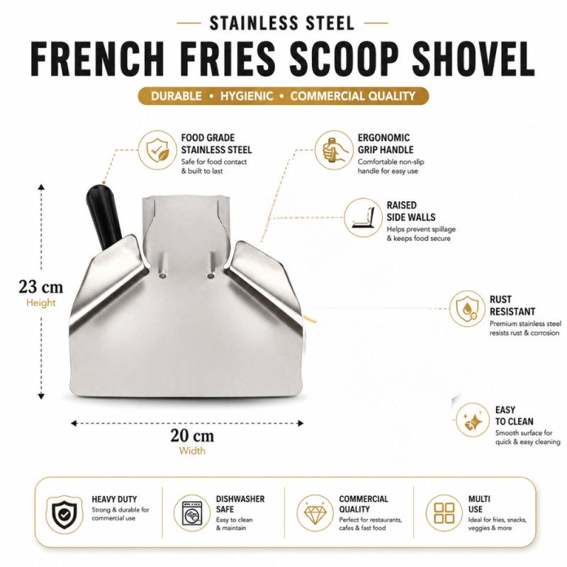 Comforting commercial-grade stainless steel French fry bagger scoop designed for fast food service – Silver (23 x 20cm)