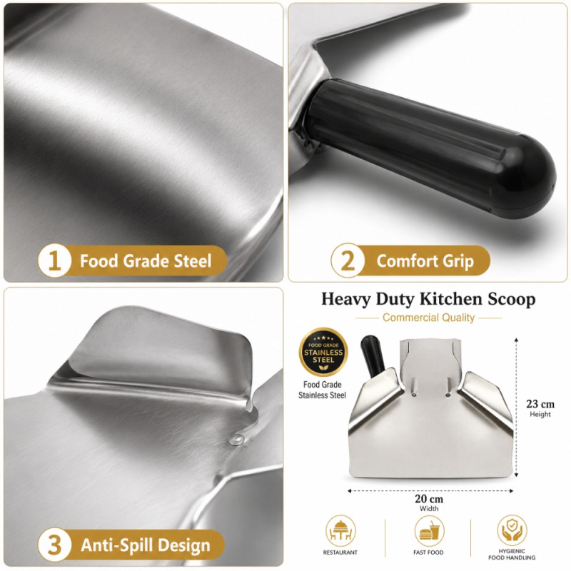 Comforting commercial-grade stainless steel French fry bagger scoop designed for fast food service – Silver (23 x 20cm)