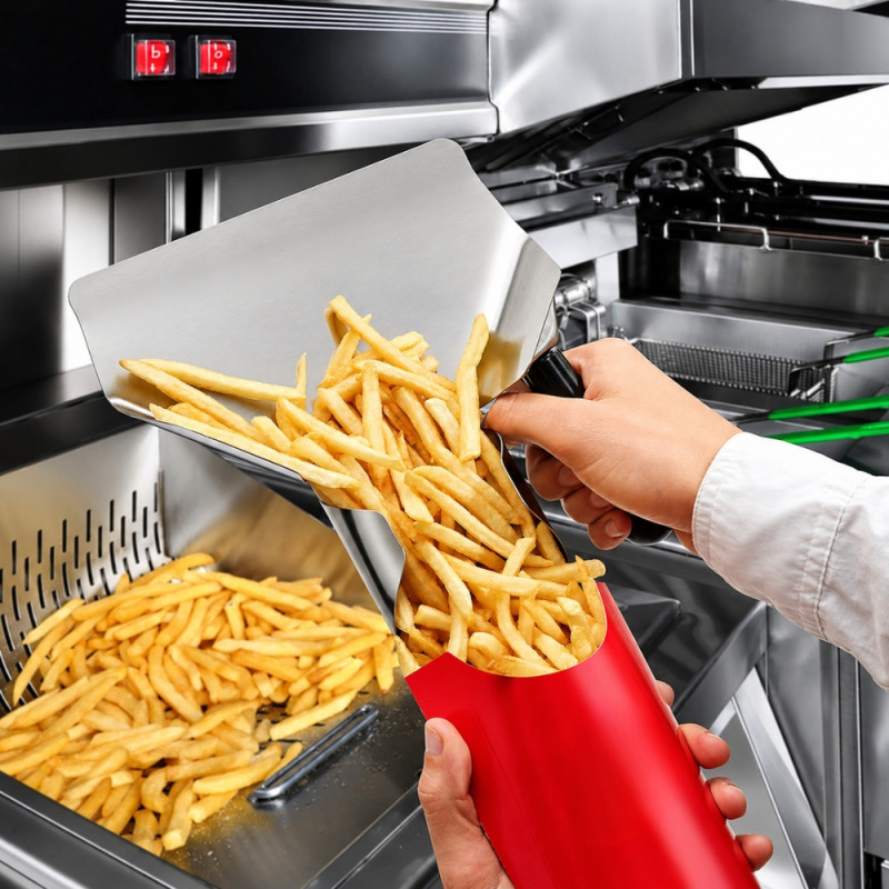 Comforting commercial-grade stainless steel French fry bagger scoop designed for fast food service – Silver (23 x 20cm)