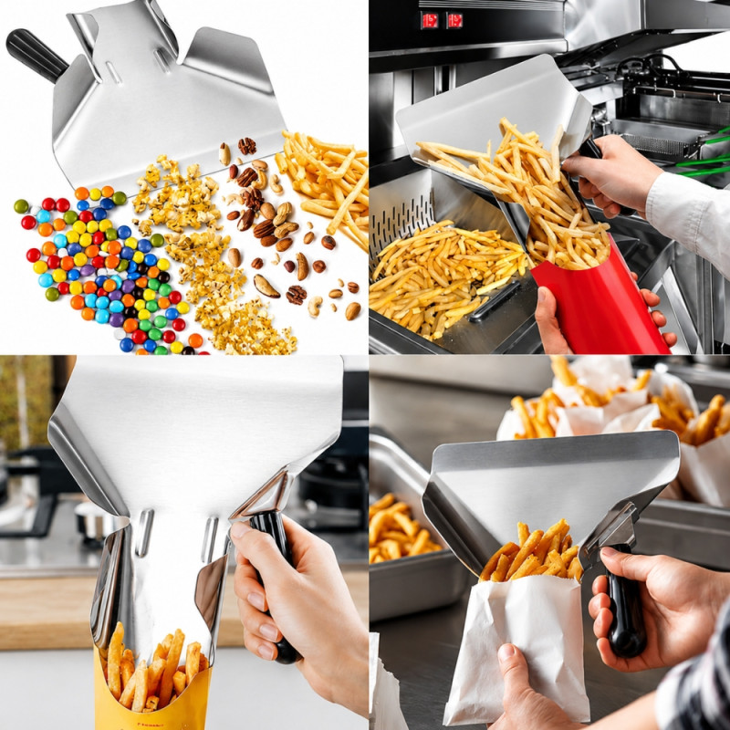 Comforting commercial-grade stainless steel French fry bagger scoop designed for fast food service – Silver (23 x 20cm)