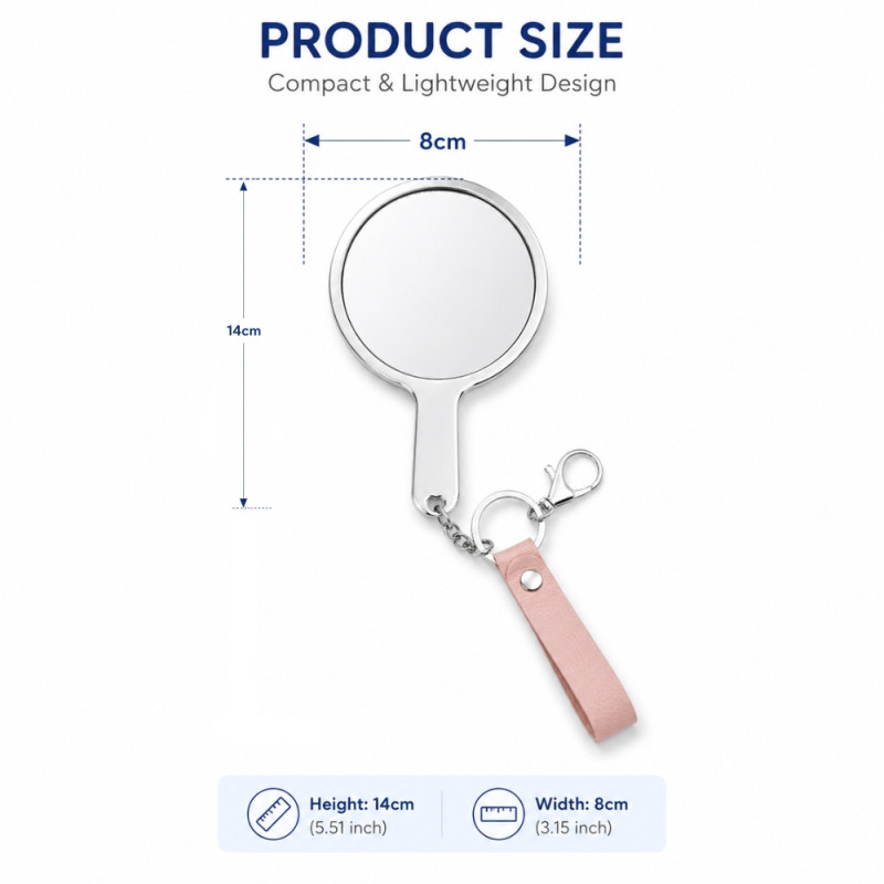 Professional Portable Mini Mirror Keychain – Metal Frame with Pink Strap (14cm)