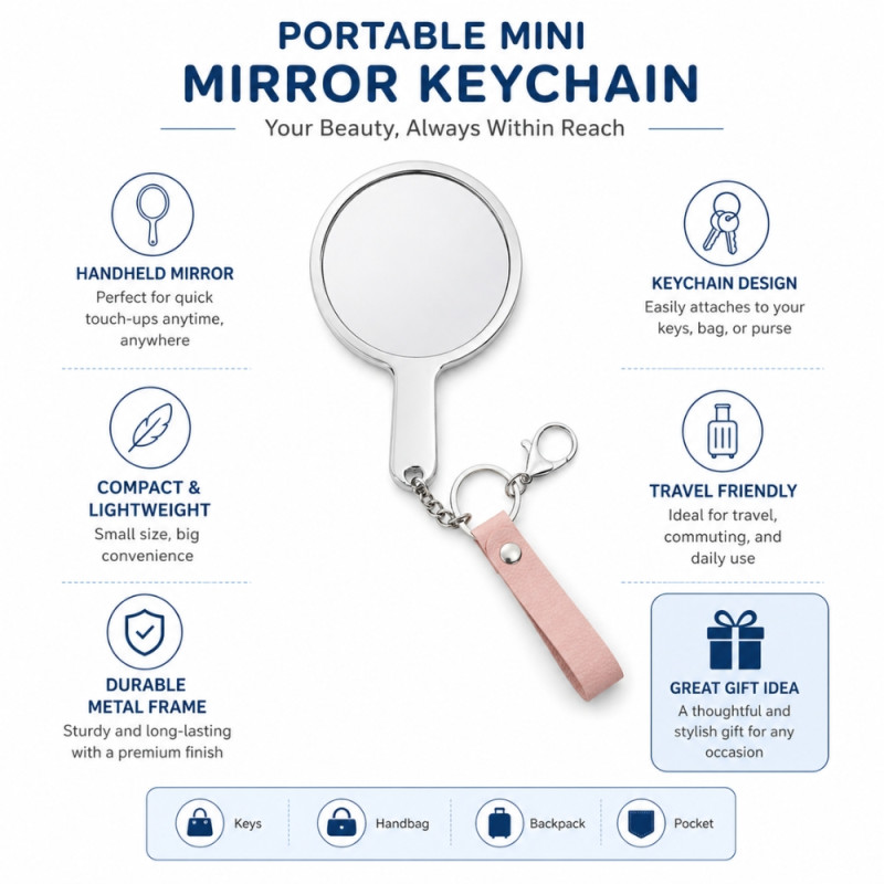 Professional Portable Mini Mirror Keychain – Metal Frame with Pink Strap (14cm)