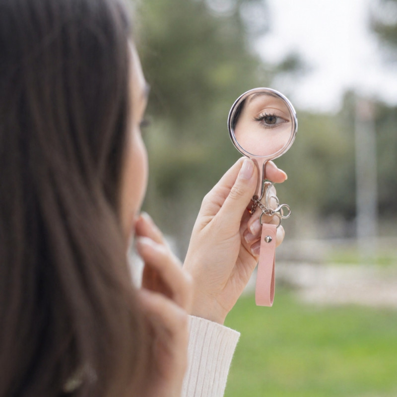 Professional Portable Mini Mirror Keychain – Metal Frame with Pink Strap (14cm)