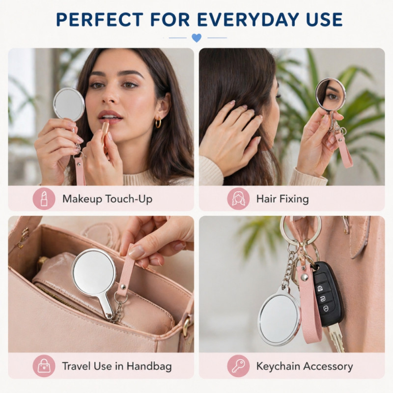 Professional Portable Mini Mirror Keychain – Metal Frame with Pink Strap (14cm)