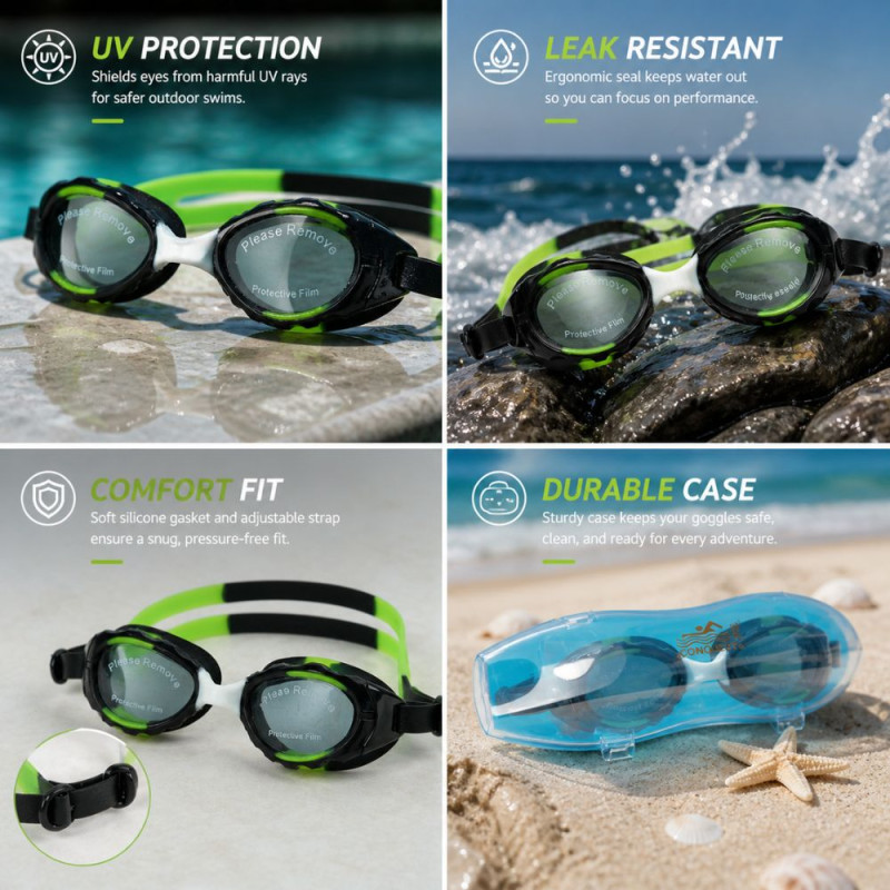 Professional Conquest Aqua & Blue Swimming Goggles – Anti-Fog & UV Protection Set (16cm)