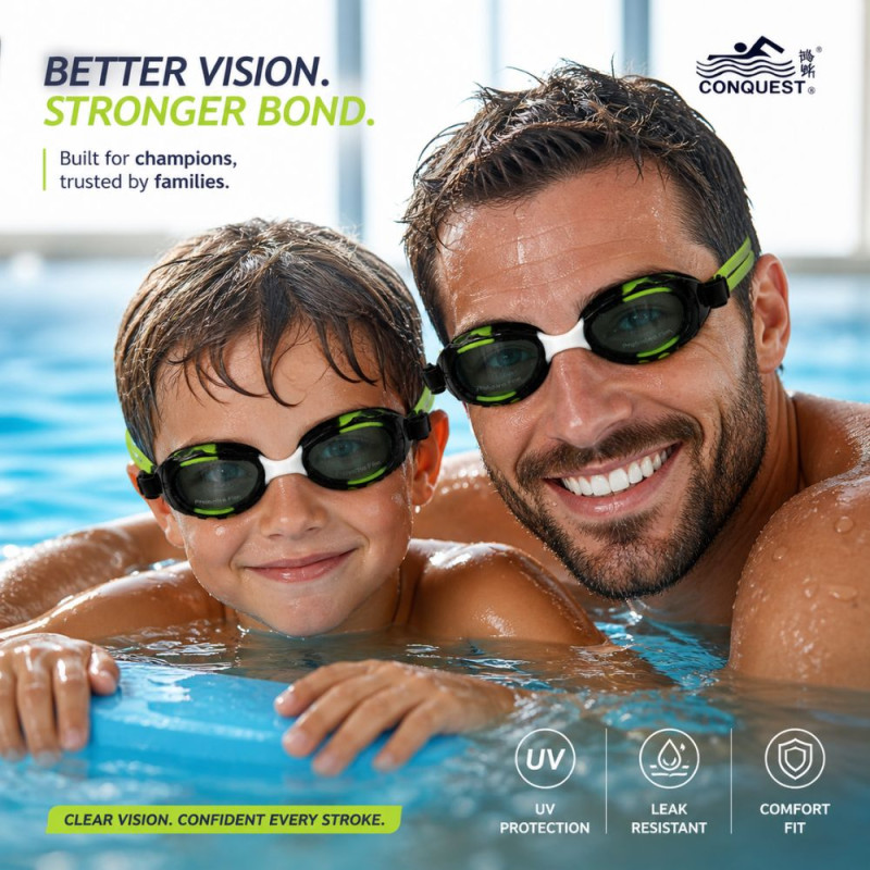 Professional Conquest Aqua & Blue Swimming Goggles – Anti-Fog & UV Protection Set (16cm)