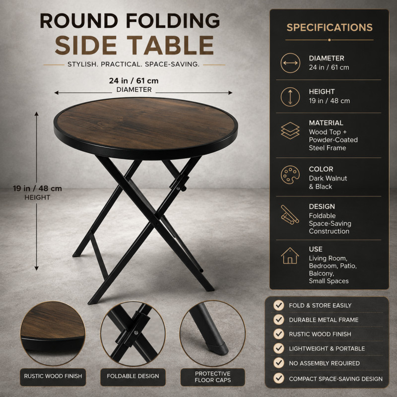 Wooden Round Folding Side Table 